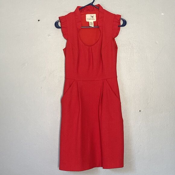 Anthropologie Tabitha Dress Size 2 Cherie Red Ruffle Cap Sleeve Pockets Preppy - Picture 2 of 7